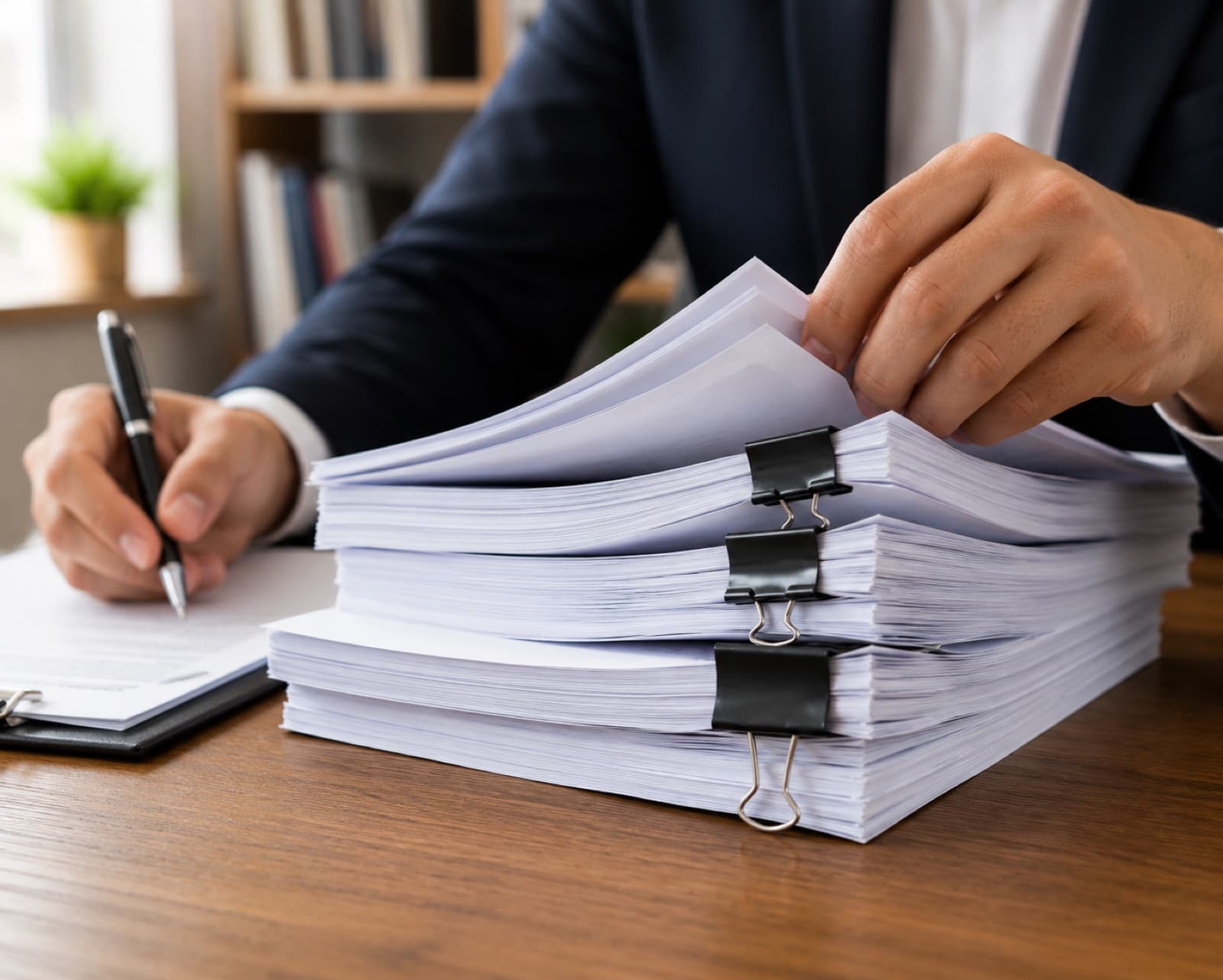 A professional carefully reviewing organized claim records